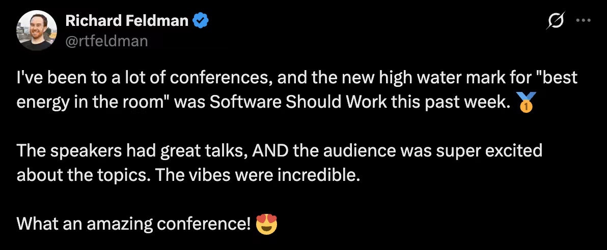 Richard Feldman tweeting about the vibes at SSW