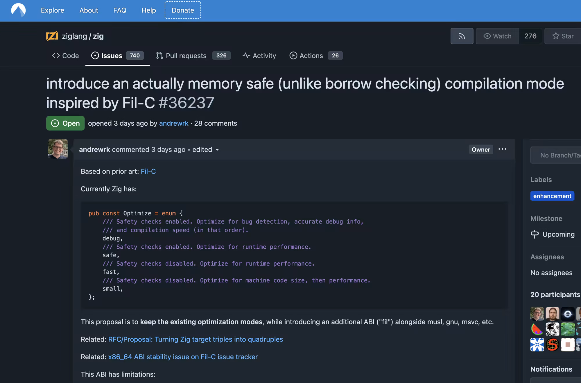 A screenshot of the Zig issue to add Fil-C support